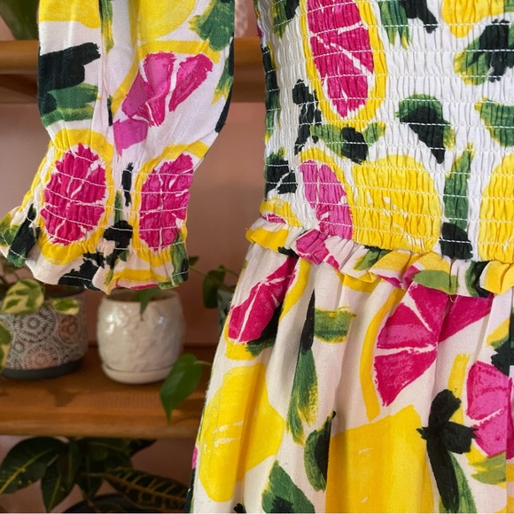 NWT Steve Madden Challis Grapefruit LEMON Citrus Fruit Smocked Maxi Midi Dress S - Picture 5 of 9